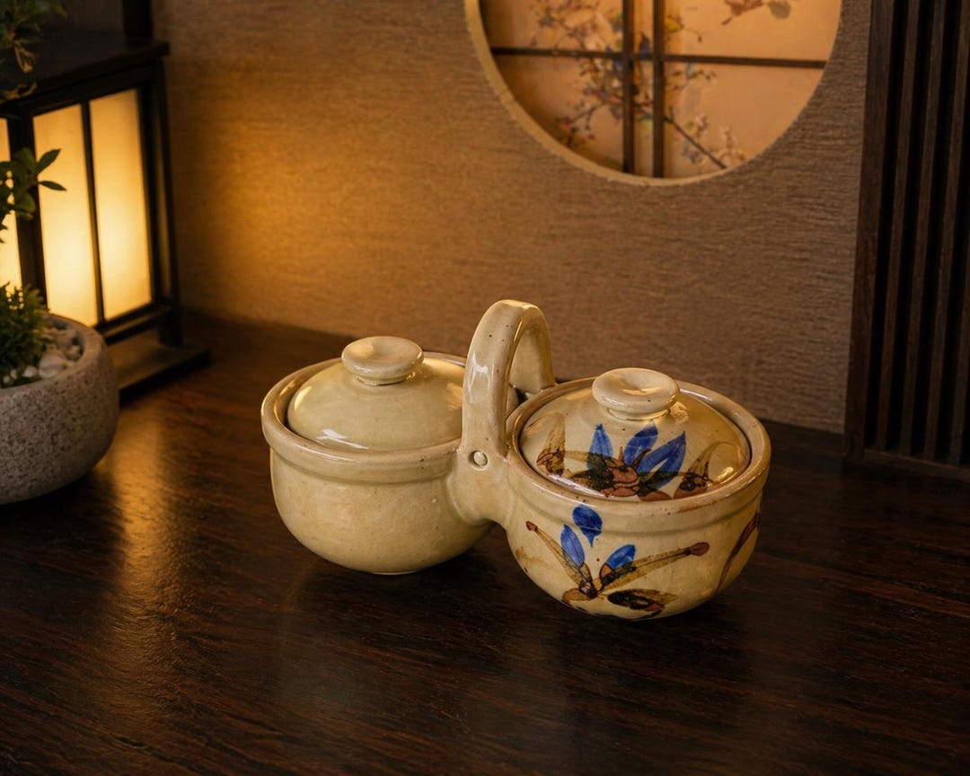 Japanese Table Condiments Vintage Japanese Ceramic Condiment Set, Double Spice Jar With Handle ...