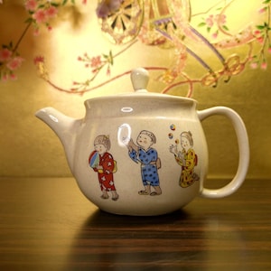 Vintage Japanese Ceramic Teapot: Children Playing Games Kyusu Pottery