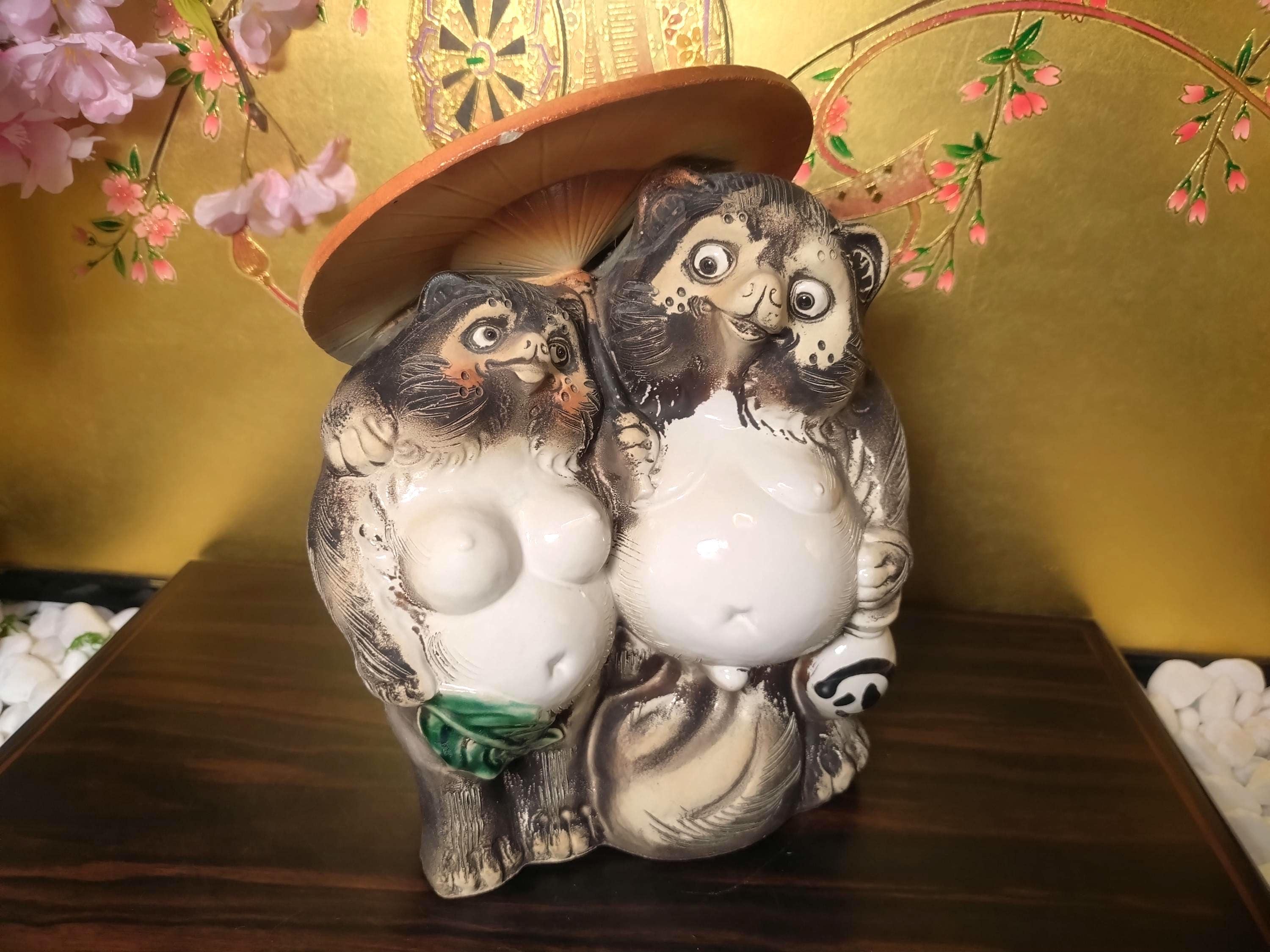Vintage Shigaraki Ware Tanuki Couple Statue, Large Japanese