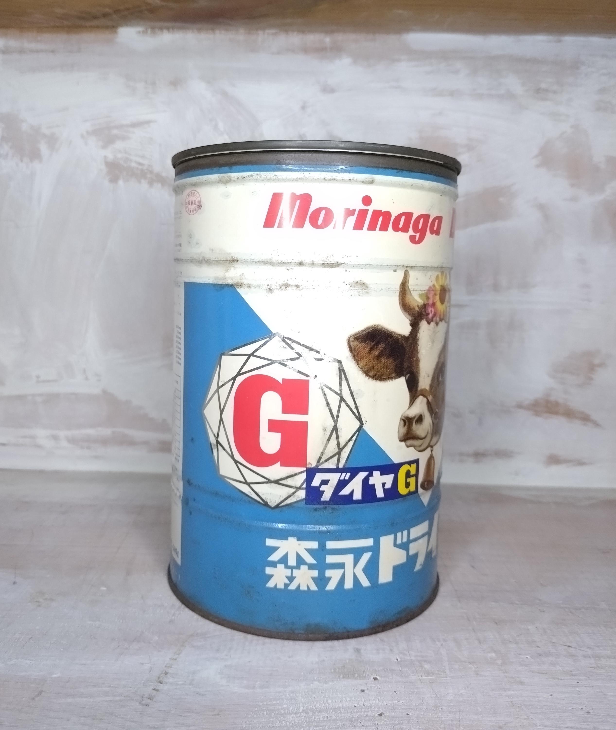 1950年代のヴィンテージ森永ドライミルク缶 – レトロな牛柄の日本製缶