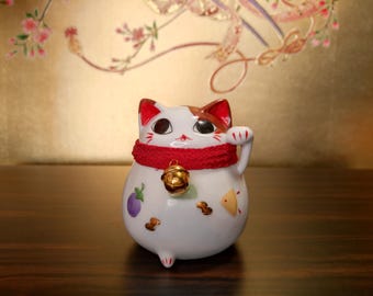 昭和レトロ 招き猫貯金箱 希少 レトロ 招き猫貯金箱 陶器製 白赤 - 日本の