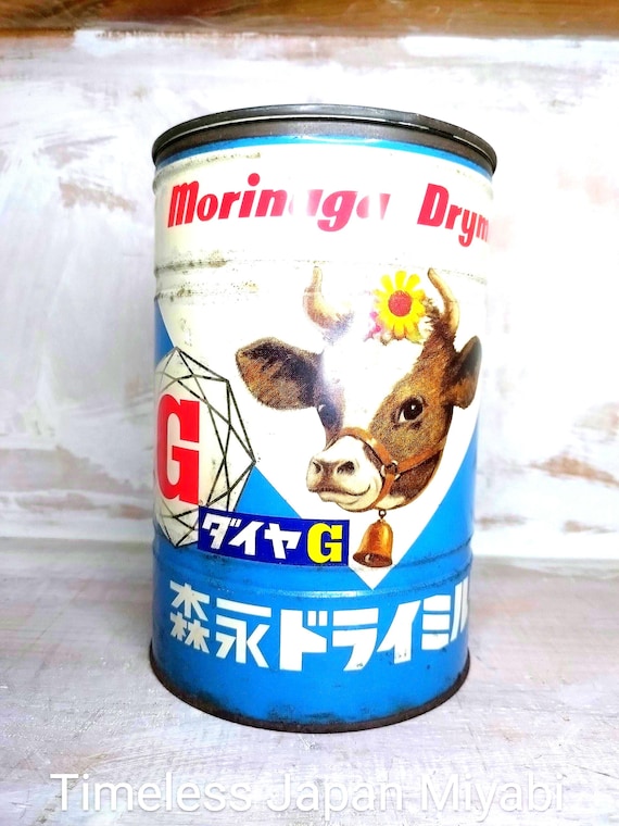 1950年代のヴィンテージ森永ドライミルク缶 – レトロな牛柄の日本製缶