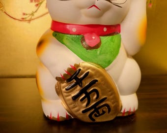 Vintage Maneki Neko Lucky Cat Coin Bank With Senmanryo Gold Coin
