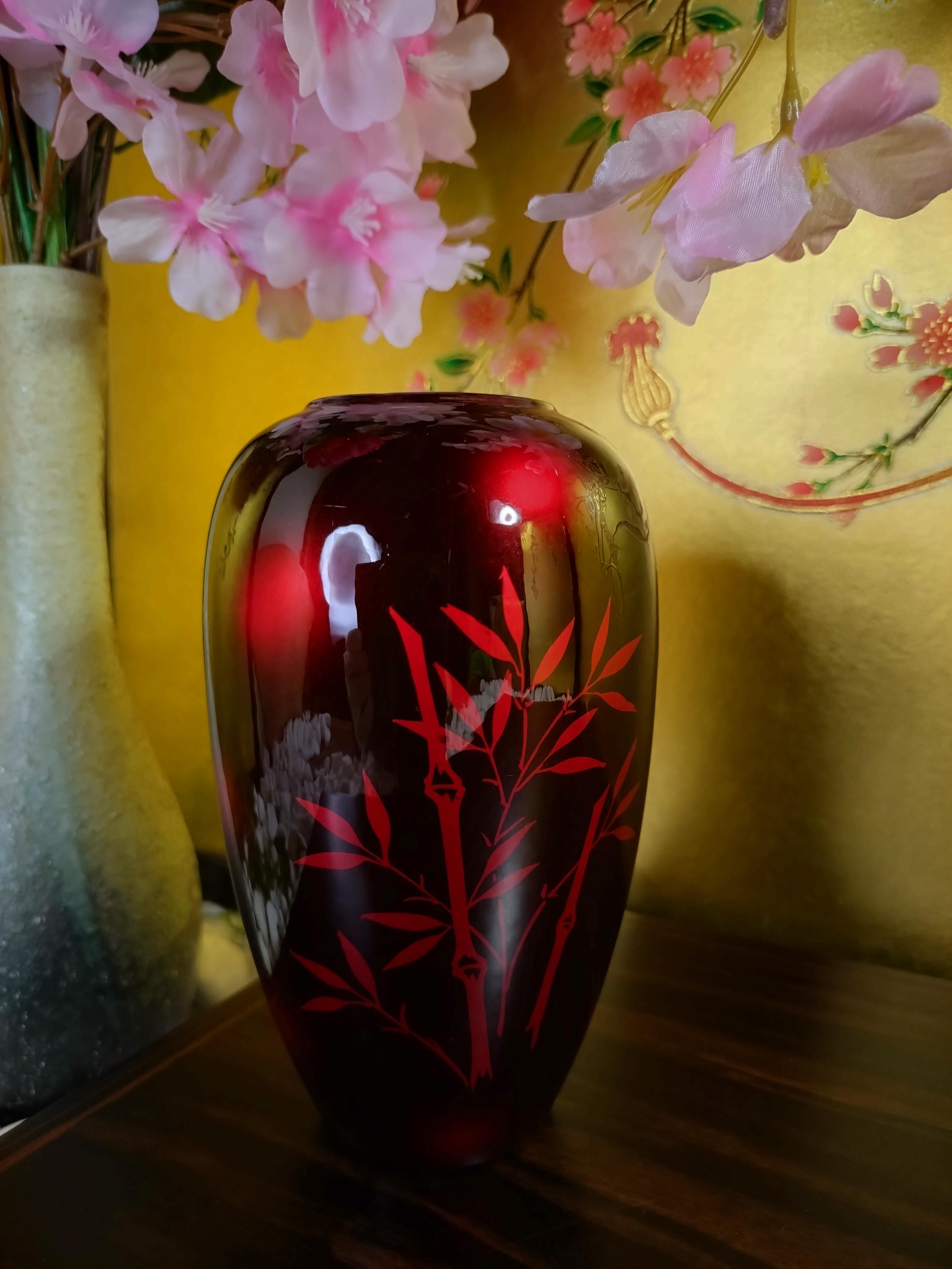 ヴィンテージ 玉虫塗花瓶：虹彩の漆芸、赤竹模様 - Etsy Canada