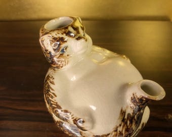 Vintage 1940s Japanese Tanuki Sake Bottle, Folk Art Vase Pen