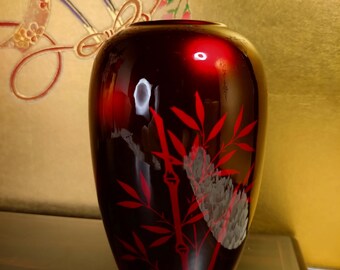 五彩花瓶 ヴィンテージ 玉虫塗花瓶：虹彩の漆芸、赤竹模様 - Etsy Canada