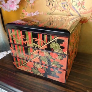 Vintage Japanese Jubako Bento Box, 3 Tier Stacking, Bamboo Ivy Resin, Red Black Lacquer Style