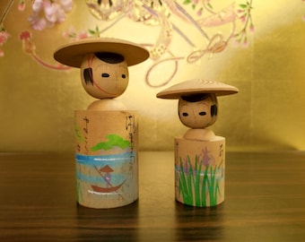 山岸梅吉作のヴィンテージこけし人形：竹細工の木製置物 - Etsy 日本