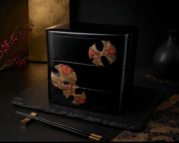 1980s Japanese Jubako Bento Box, Gold Maki-e Lacquer Ware, 3-tier