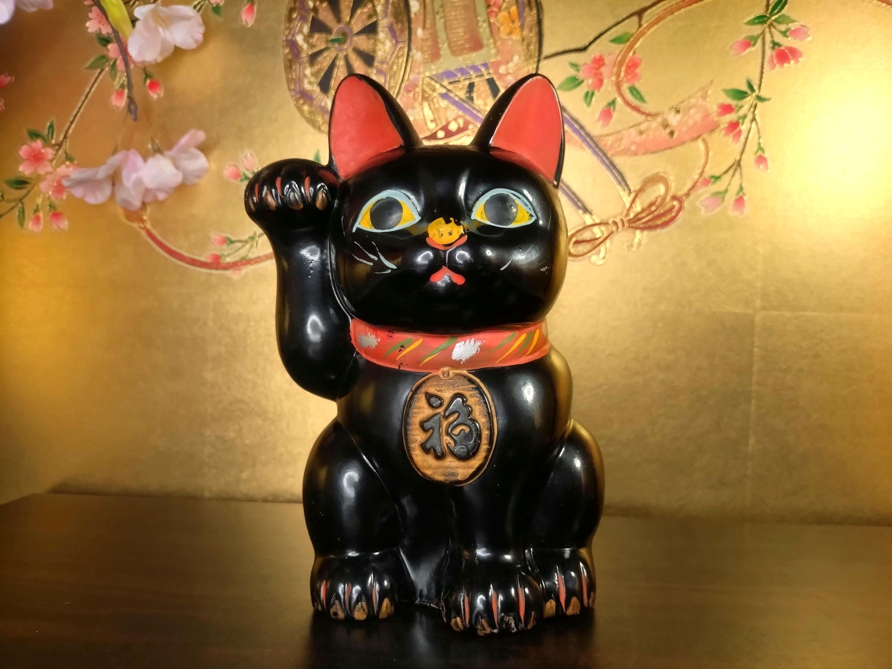 1960s Vintage Black Maneki Neko Ceramic Coin Bank, Japanese Lucky