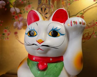 Vintage Maneki Neko Lucky Cat Coin Bank With Senmanryo Gold Coin