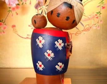 Vintage Kokeshi Doll Mother and Child, Japanese Wooden Folk Art, Showa Era Figurine