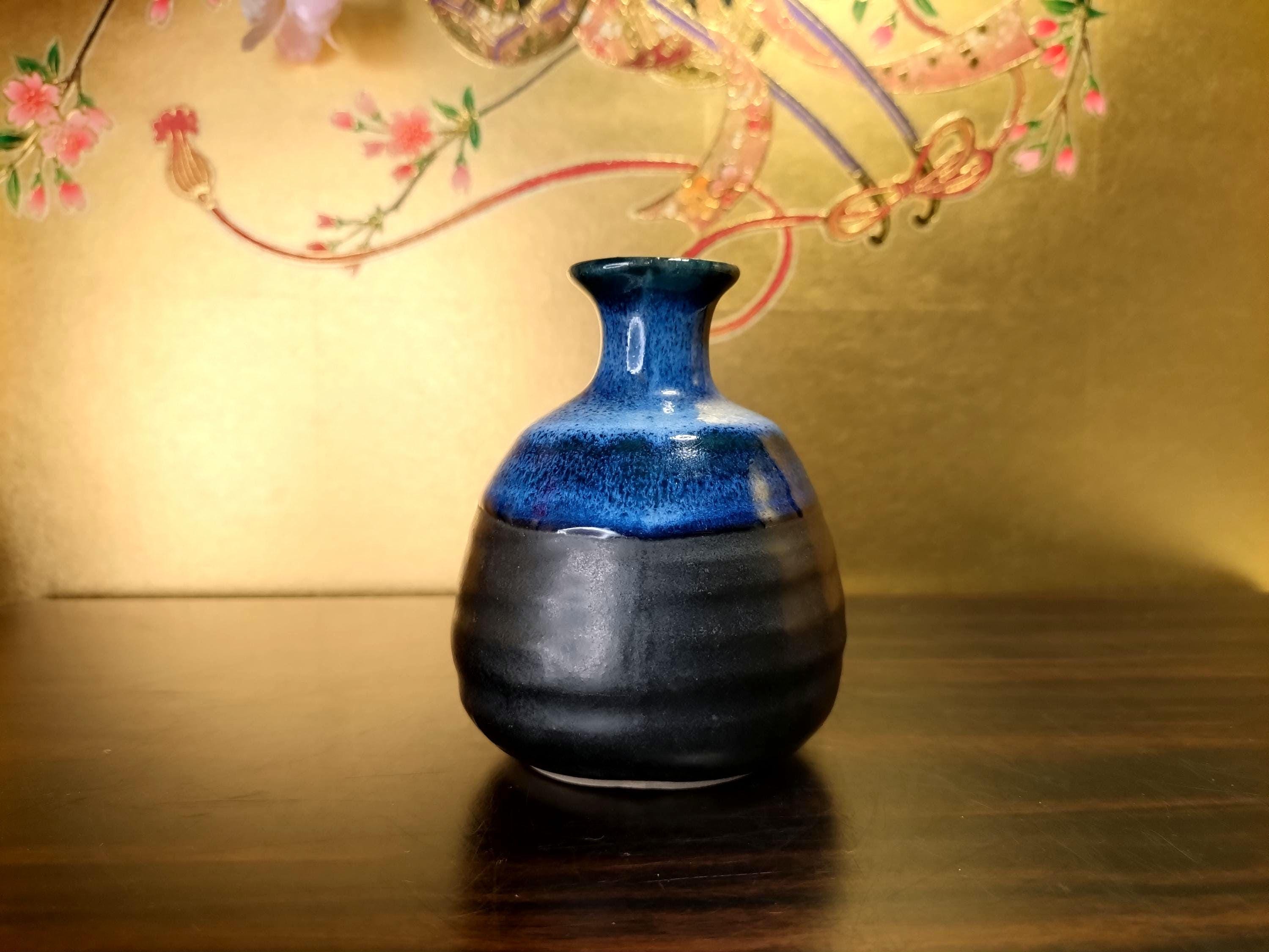 ヴィンテージ陶器花瓶 – 青と黒の釉薬をかけた陶器 – 小さな生け花用