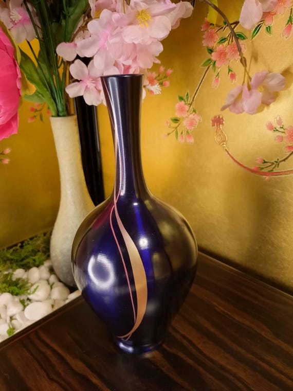 ケイユウ作ヴィンテージ高岡銅花瓶：ブルー＆ゴールド生け花装飾