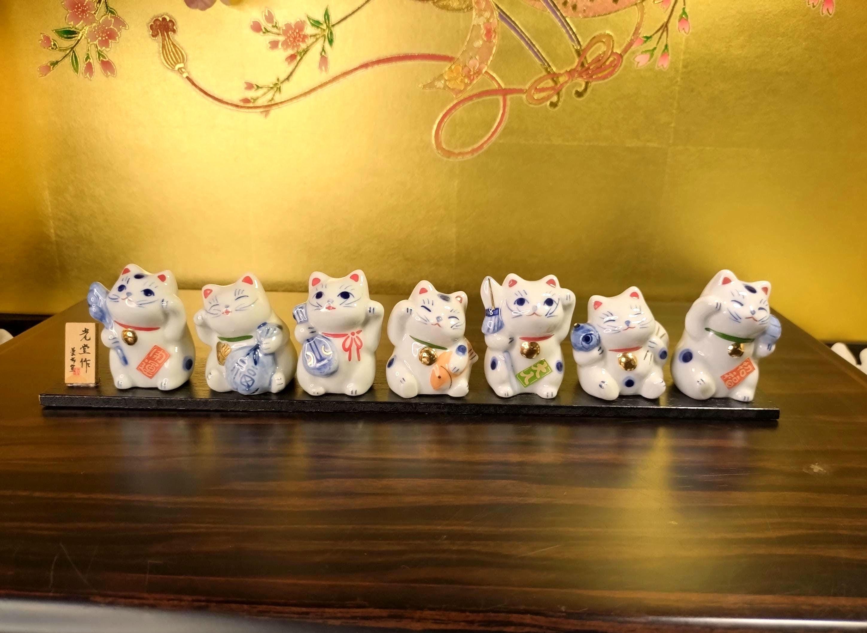 Vintage Seven Lucky Cats Figurine Set: Ceramic Maneki Neko Decor