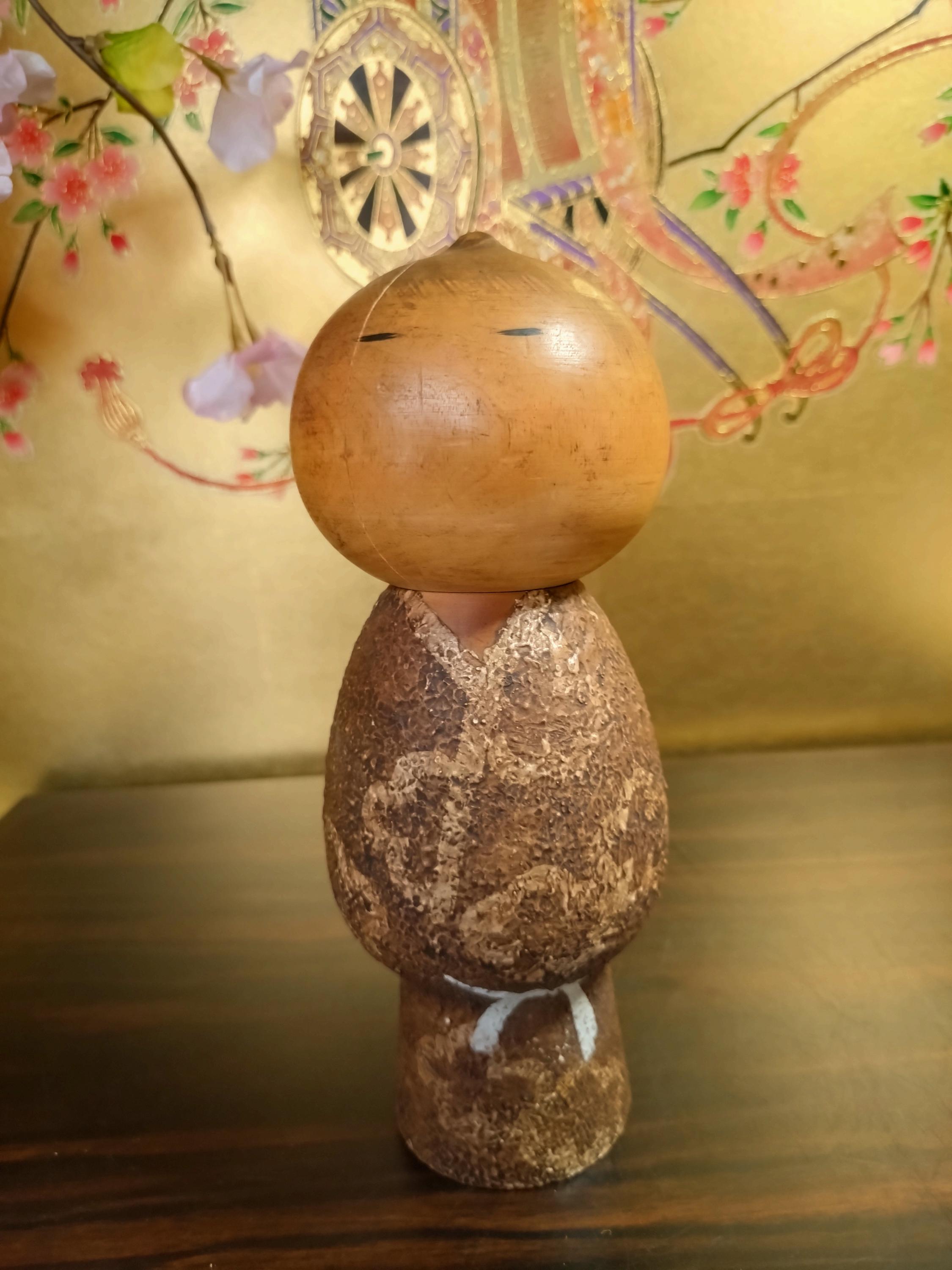 ヴィンテージこけし：渡辺正雄作「無心」、サイン入り、禅風装飾