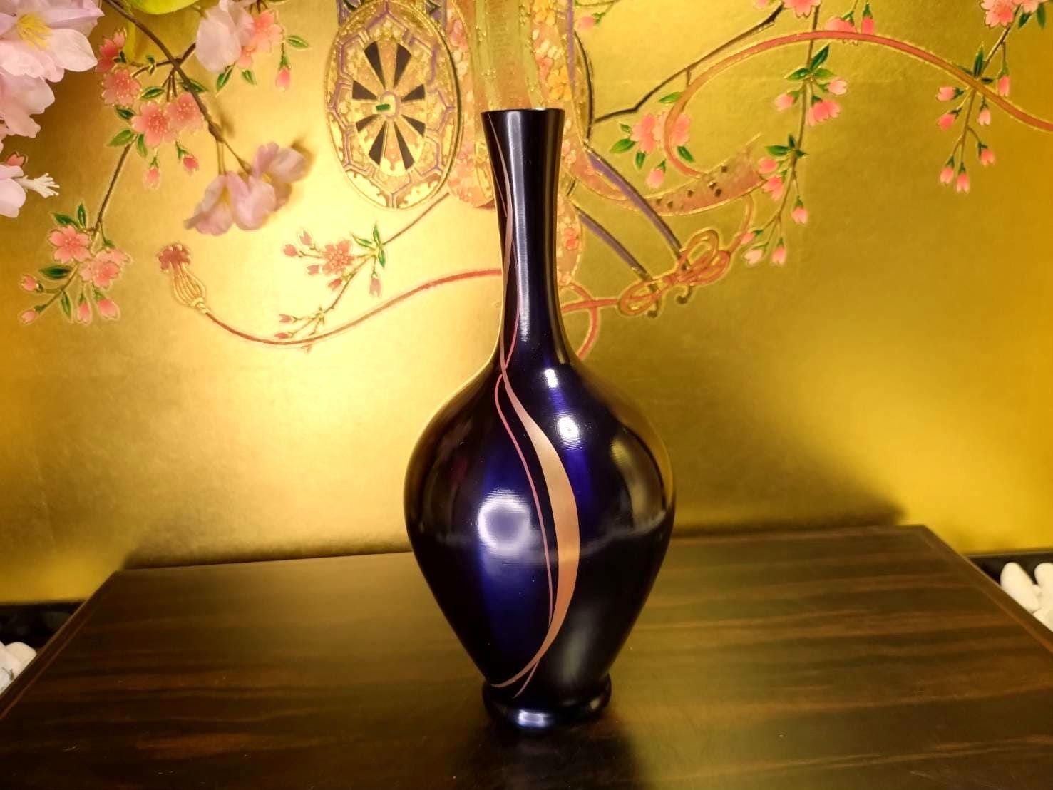 1960s Takaoka Copper Vase: Deep Blue With Gold Swirls, Ikebana