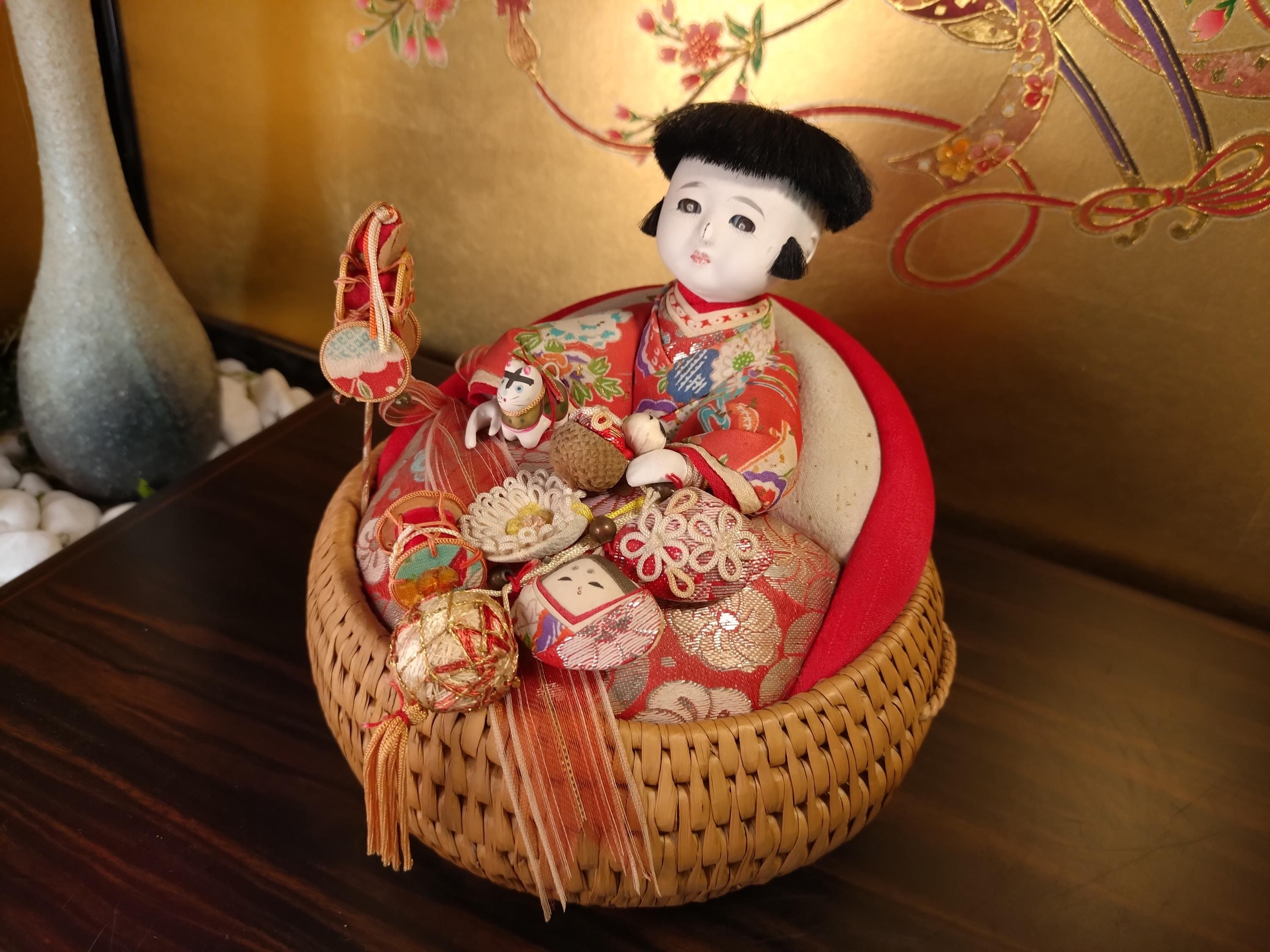 Vintage Izumeko Doll in Wicker Basket: Japanese Kimono Baby Doll