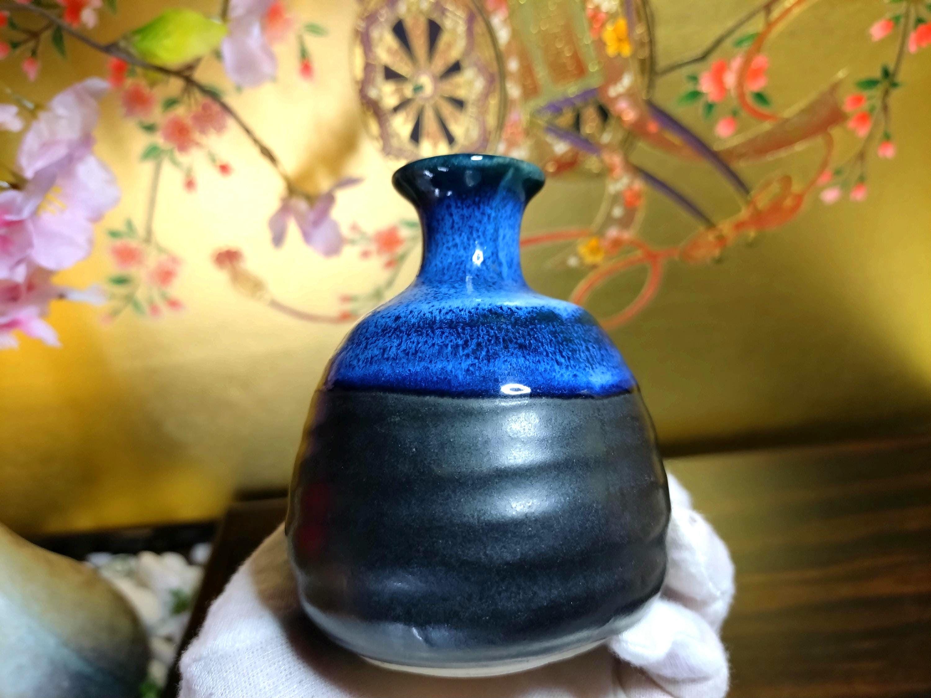 ヴィンテージ陶器花瓶 – 青と黒の釉薬をかけた陶器 – 小さな生け花用