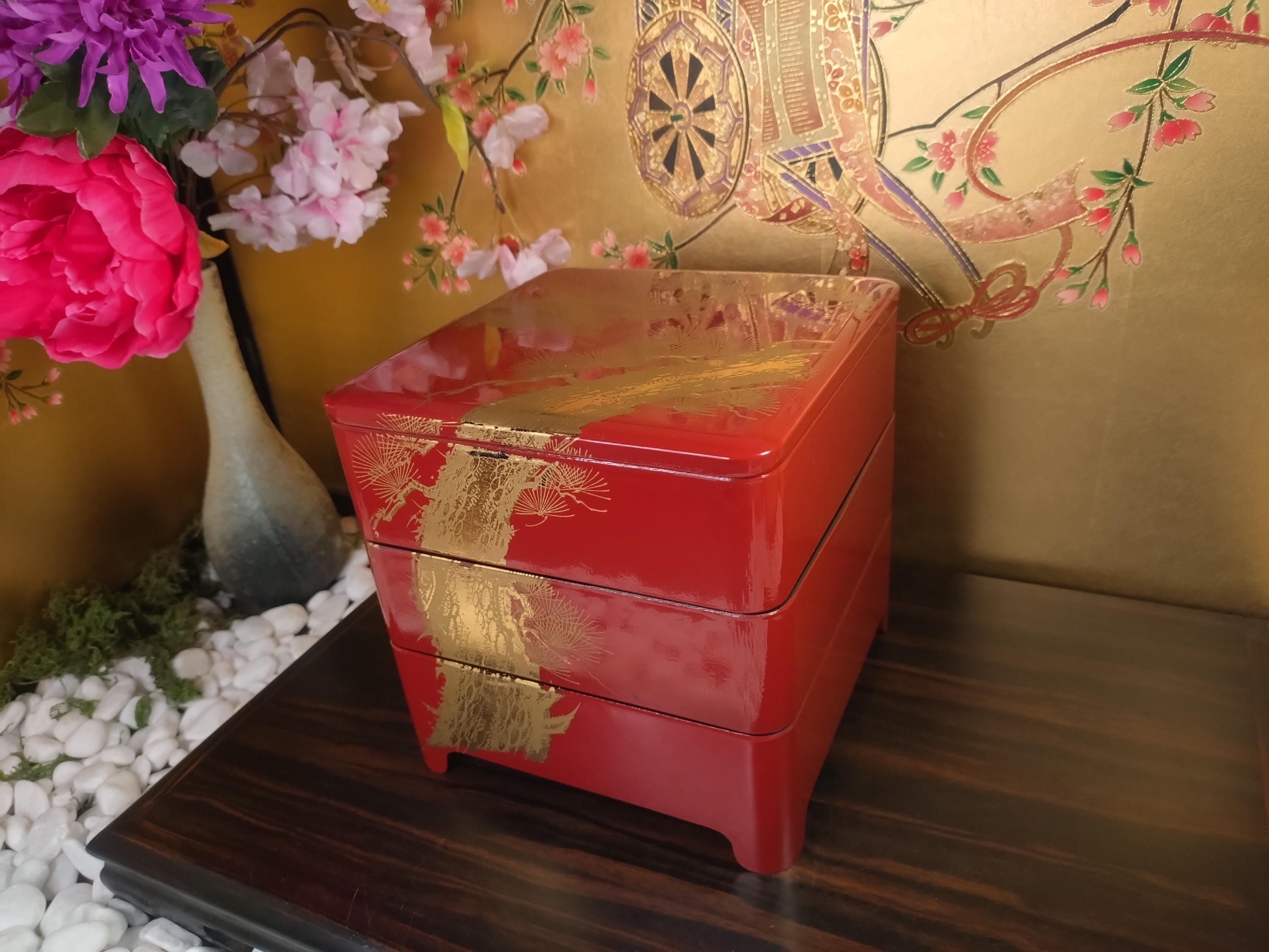 Vintage Red Jubako Bento Box: Gold Pine Design, Japanese Tiered