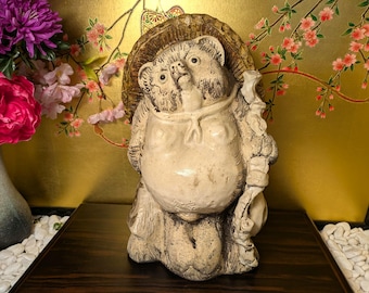 Old Terracotta Japanese Tanuki Raccoon Dog, Tokkuri Bottle Vintage