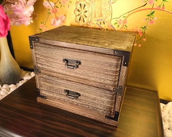Vintage Japanese Wooden Tansu Chest | 2-Drawer Mini Cabinet | Rustic Storage Box | Jewelry Organizer