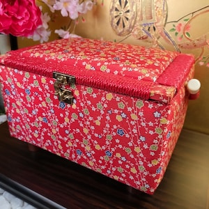 Vintage Japanese Sewing Box with Handle & Tray – Red Floral Fabric, Wooden Legs, Pincushion Lid, Includes Tools