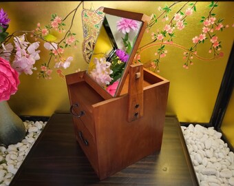 Vintage Japanese 1950s Tansu Vanity Box: Mirrored Jewelry Organizer