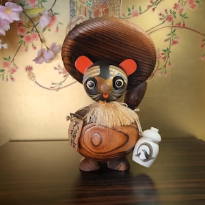 Vintage Japanese Tanuki Kokeshi Doll – Hand-Carved Wooden Lucky Raccoon Dog – Folk Art Figurine with Sake Bottle – 9 in