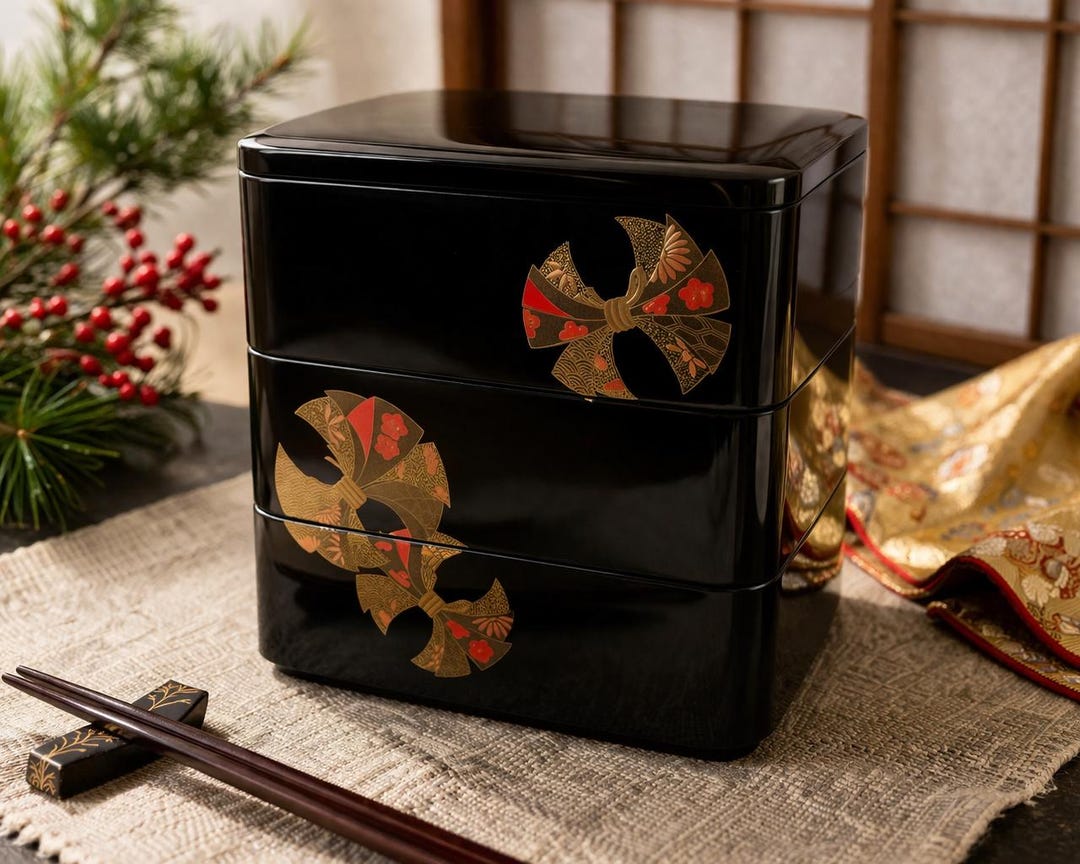 1980s Japanese Jubako Bento Box, Gold Maki-e Lacquer Ware, 3-tier