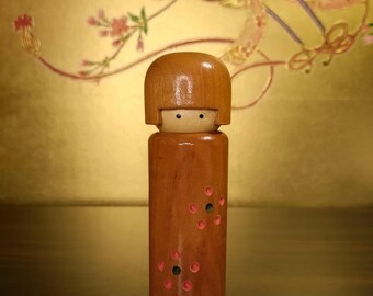 Vintage Japanse Kokeshi-tandenstokerhouder – handgemaakte houten kist – bloemdessin