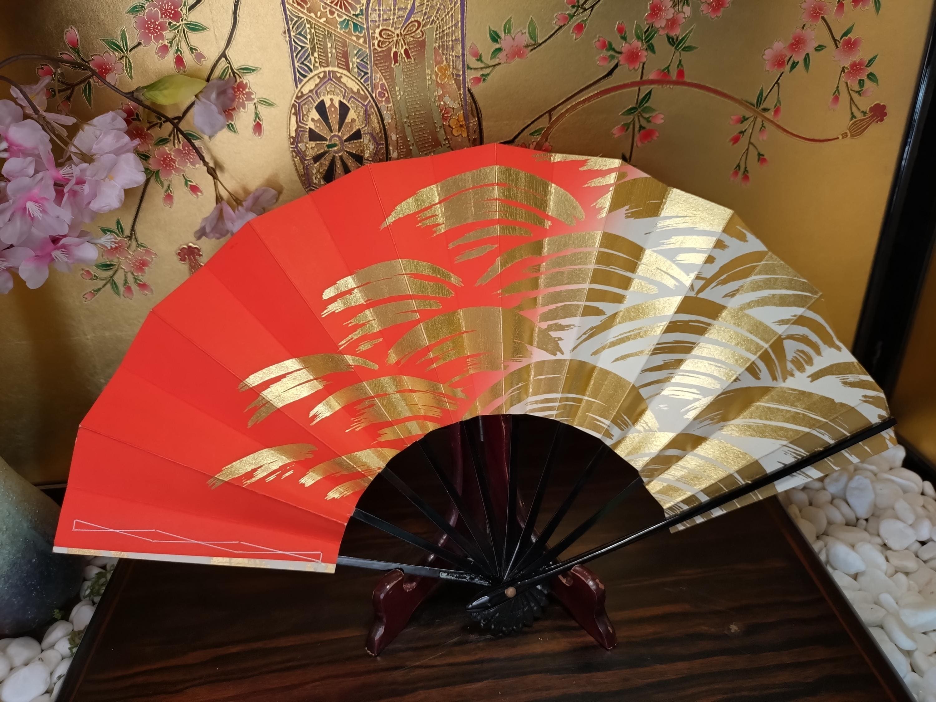 Vintage Japanese Sensu Fan: Red, White & Gold Brushstroke Design