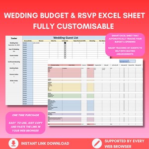 Può includere: Un modello di foglio di calcolo per la pianificazione del matrimonio, con un elenco degli invitati e un tracker del budget. Il documento include sezioni per il monitoraggio delle conferme di partecipazione, della disposizione dei posti a sedere e delle spese. Il testo sull'immagine recita "Wedding Budget & RSVP Excel Sheet, Fully Customisable."