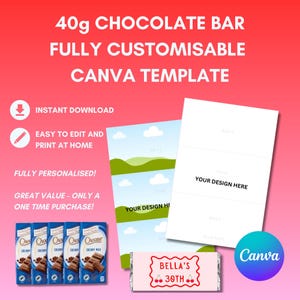 Modelo de embalagem personalizável para barra de chocolate de 40g: Lembrancinha de festa faça você mesmo (Link instantâneo para o modelo no Canva)
