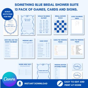 Something Blue Bridal Shower Games Suite – 13 Editable Items + Bonus Invitation | Fully Customisable Canva Template | Instant Download
