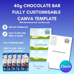 Könnte beinhalten: Blaues Canva-Template für eine 40g Schokoriegel, voll anpassbar. Enthält Nährwertangaben, Barcode und Text "Happy Birthday". Mit "Sofort-Download" und "Einfach zu bearbeiten". Enthält Schokoriegel-Verpackung.