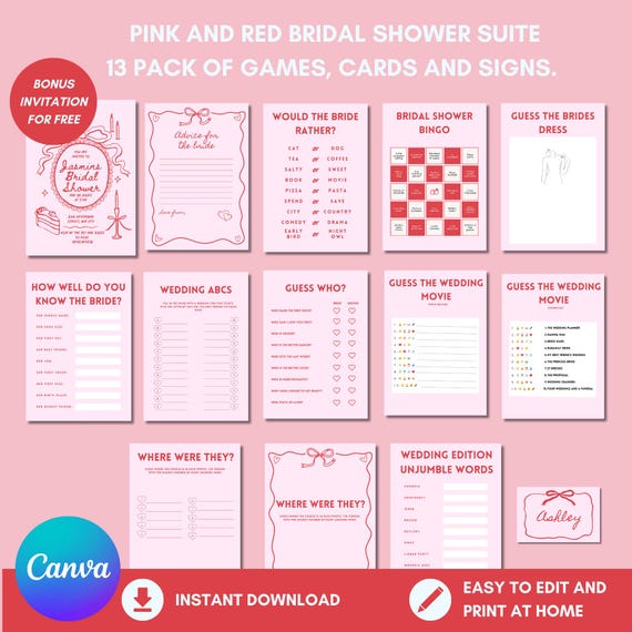 Pink Red Bridal Shower Game Suite: 13 Editable Templates