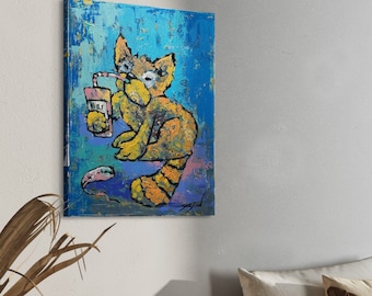ORIGINAL painting 20"x16" Cat With Soda
