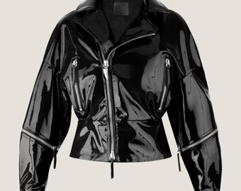 Women's Shiny Vinyl Motorcycle Jacket - Waterproof Black and Red Fashion Outerwear, Trendy Streetwear for Her