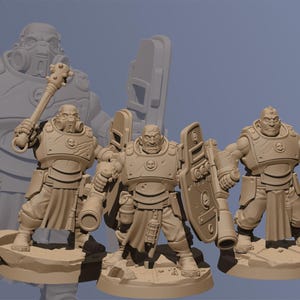 May include: Three unpainted miniature figures of humanoids wearing armor and holding weapons. The figures are standing on circular bases.