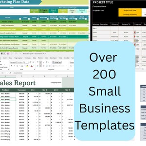 May include: A computer screen displaying a variety of spreadsheet templates for small businesses. The text "Over 200 Small Business Templates" is displayed in a blue box in the center of the screen.