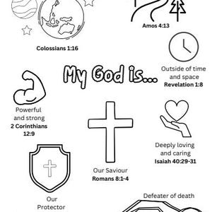 Puede incluir: Ilustración en blanco y negro con el texto "My God Is..." y varios símbolos, incluyendo una cruz, un corazón y montañas. La imagen también incluye versículos bíblicos.