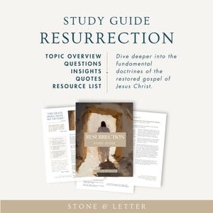 Può includere: Una guida allo studio intitolata RESURRECTION con un'immagine centrale di una figura che cammina verso una luce brillante in una tomba di pietra. La guida include sezioni per argomenti, domande, approfondimenti, citazioni e risorse, con il testo STONE & LETTER.