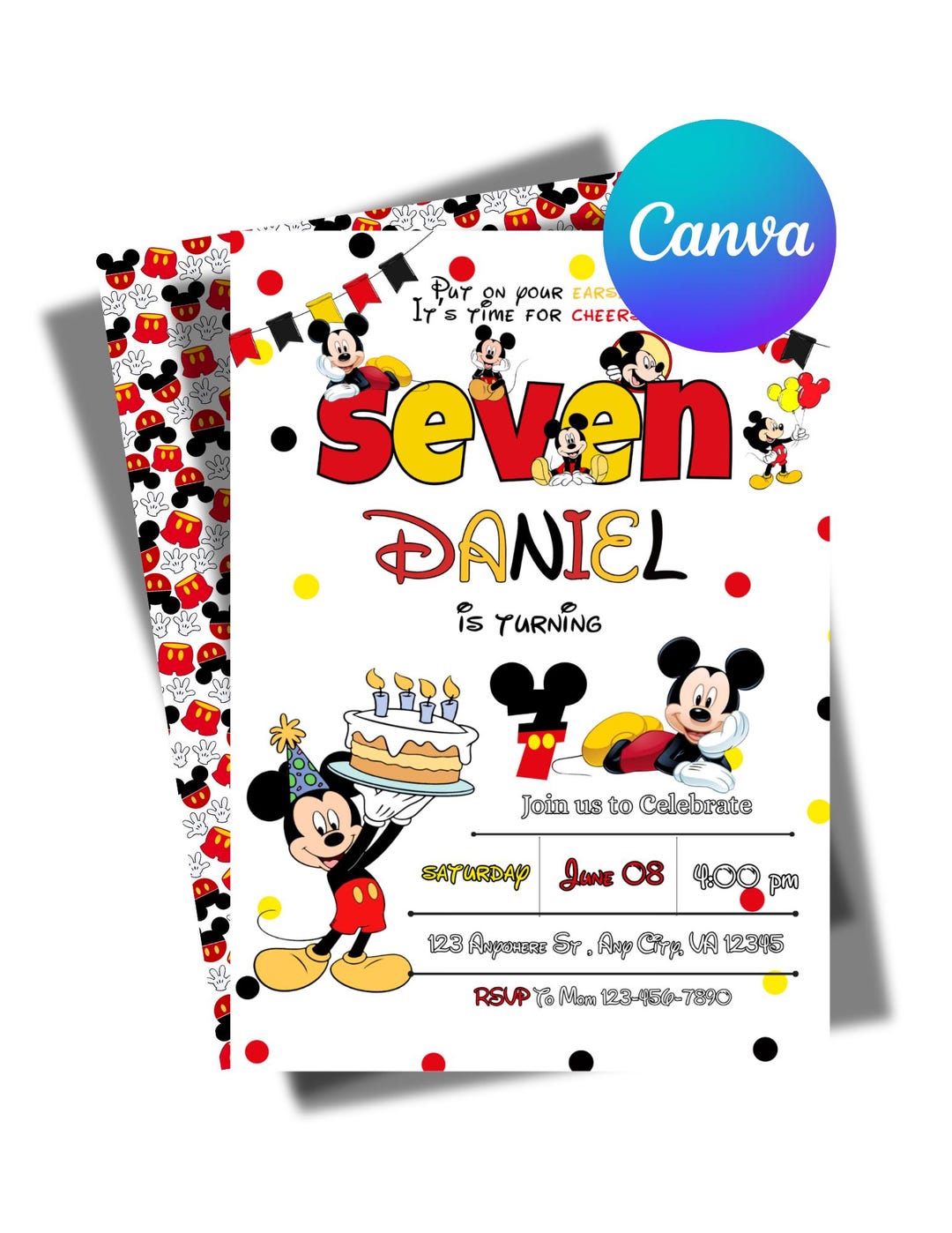 Mickey Mouse 7th Birthday Invitation 5x7 Seventh Birthday Boy Canva ...