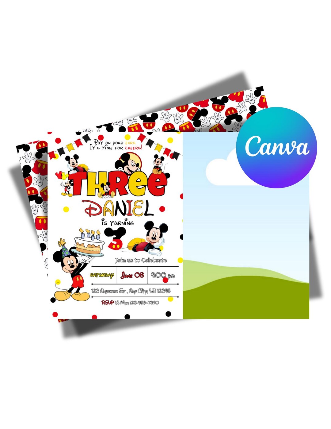 Mickey Mouse 3rd Birthday Invitation 7x5 Third Birthday Boy Canva ...