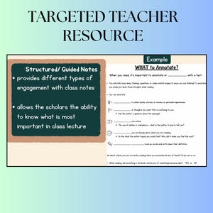 May include: A colourful graphic with the text "Targeted Teacher Resource" and a description of "Structured/Guided Notes" with bullet points explaining the benefits of using structured notes. The graphic also includes an example of "What to Annotate?" with a list of questions to ask while reading.