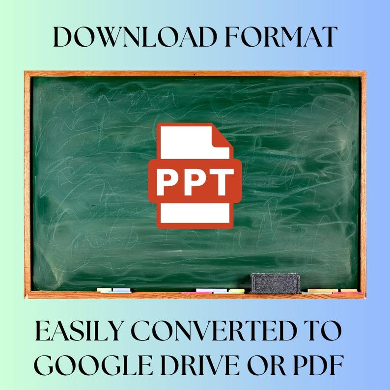 May include: A green chalkboard with the text "DOWNLOAD FORMAT" at the top and a red icon of a file labelled "PPT" in the centre. The text "EASILY CONVERTED TO GOOGLE DRIVE OR PDF" is at the bottom.