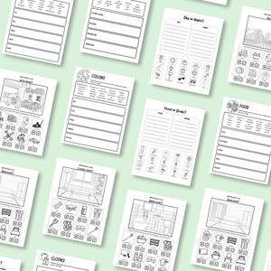 May include: A collection of black and white activity sheets for children, featuring various educational themes. The sheets include topics like colors, food, the five senses, and identifying objects in different rooms. The pages are arranged on a light green surface.