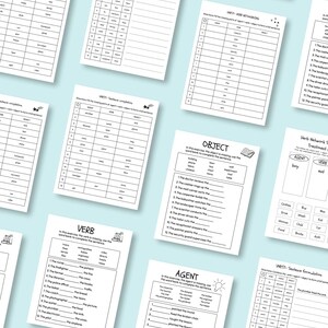 May include: A collection of white worksheets with black text, designed for educational purposes. The worksheets cover sentence formulation, verb identification, and agent-verb-object exercises. The pages are arranged on a light blue background.