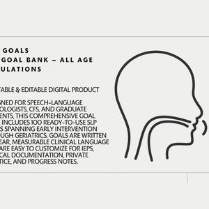 Peut inclure: Produit numérique pour orthophonistes. L'image présente le texte « 100 objectifs SLP Goal Bank - Toutes les tranches d'âge ». Un graphique d'un profil de personne avec des ondes sonores est également inclus.